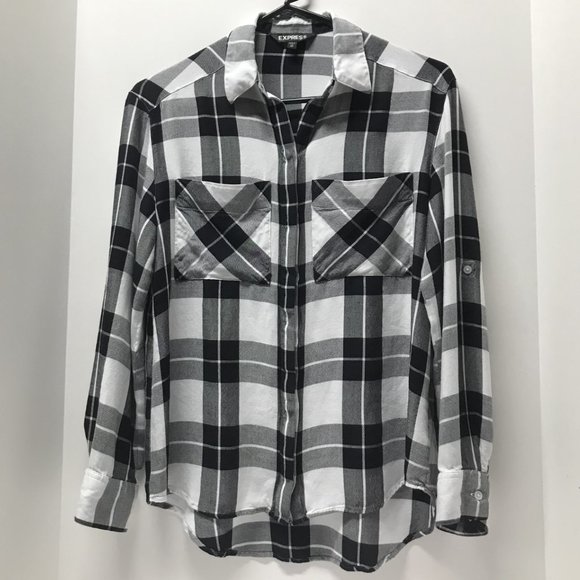 Express Black/White/Gray Plaid Button-Down Shirt - Picture 3 of 13